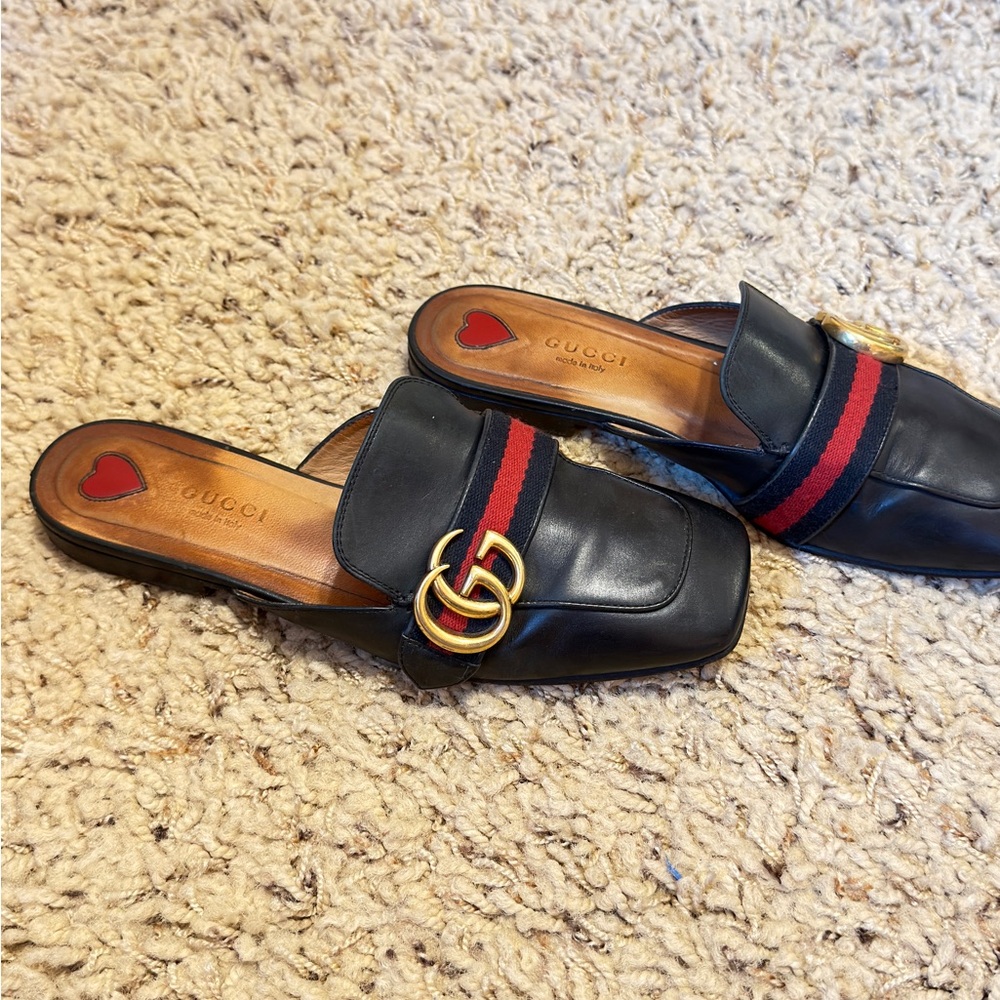 Gucci Black Leather Mules with Red-black Web and Gold Double G - Picture 9 of 11